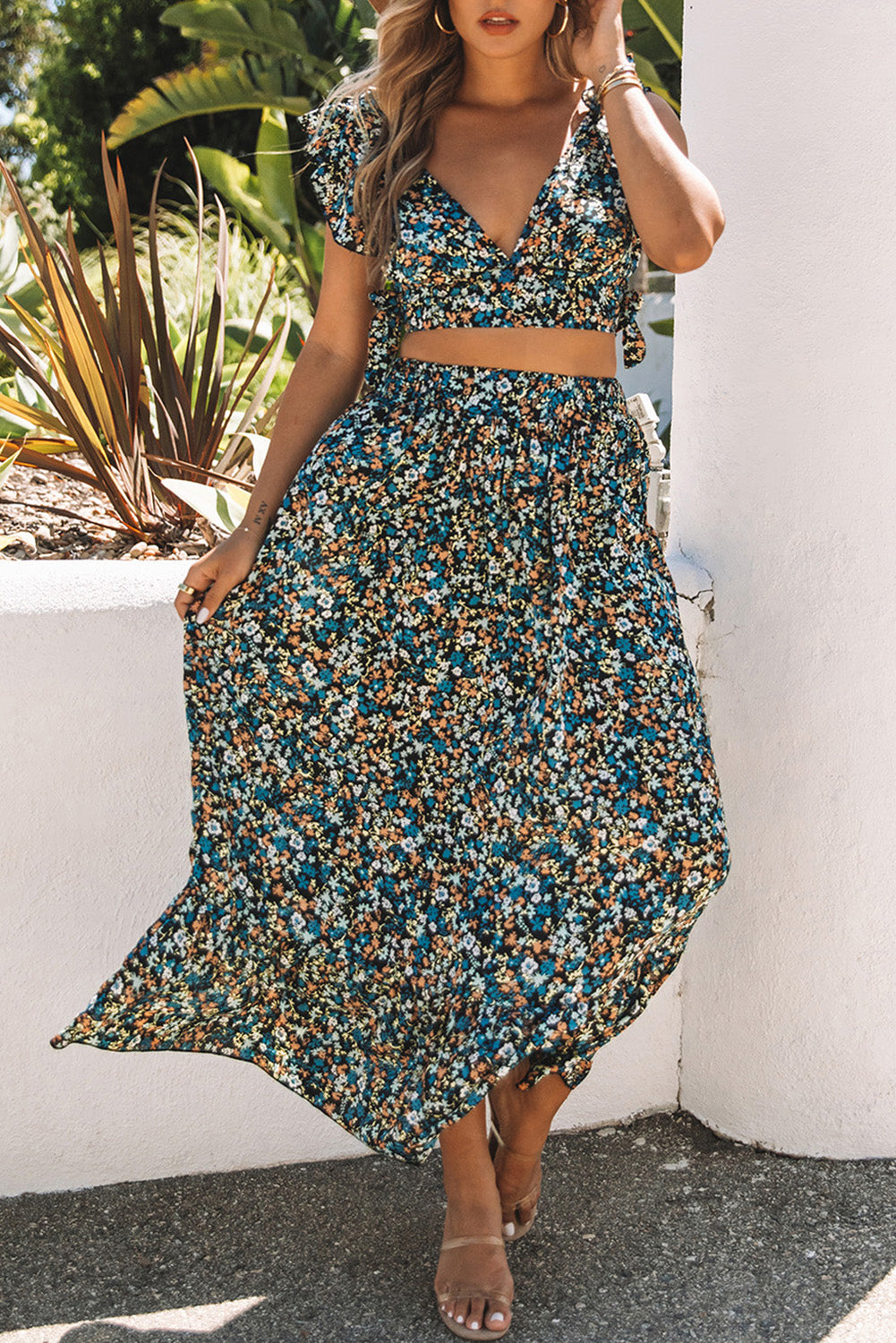 Ditsy Floral Print Ruffled Crop Top & Flounce Hem Maxi Skirt Set