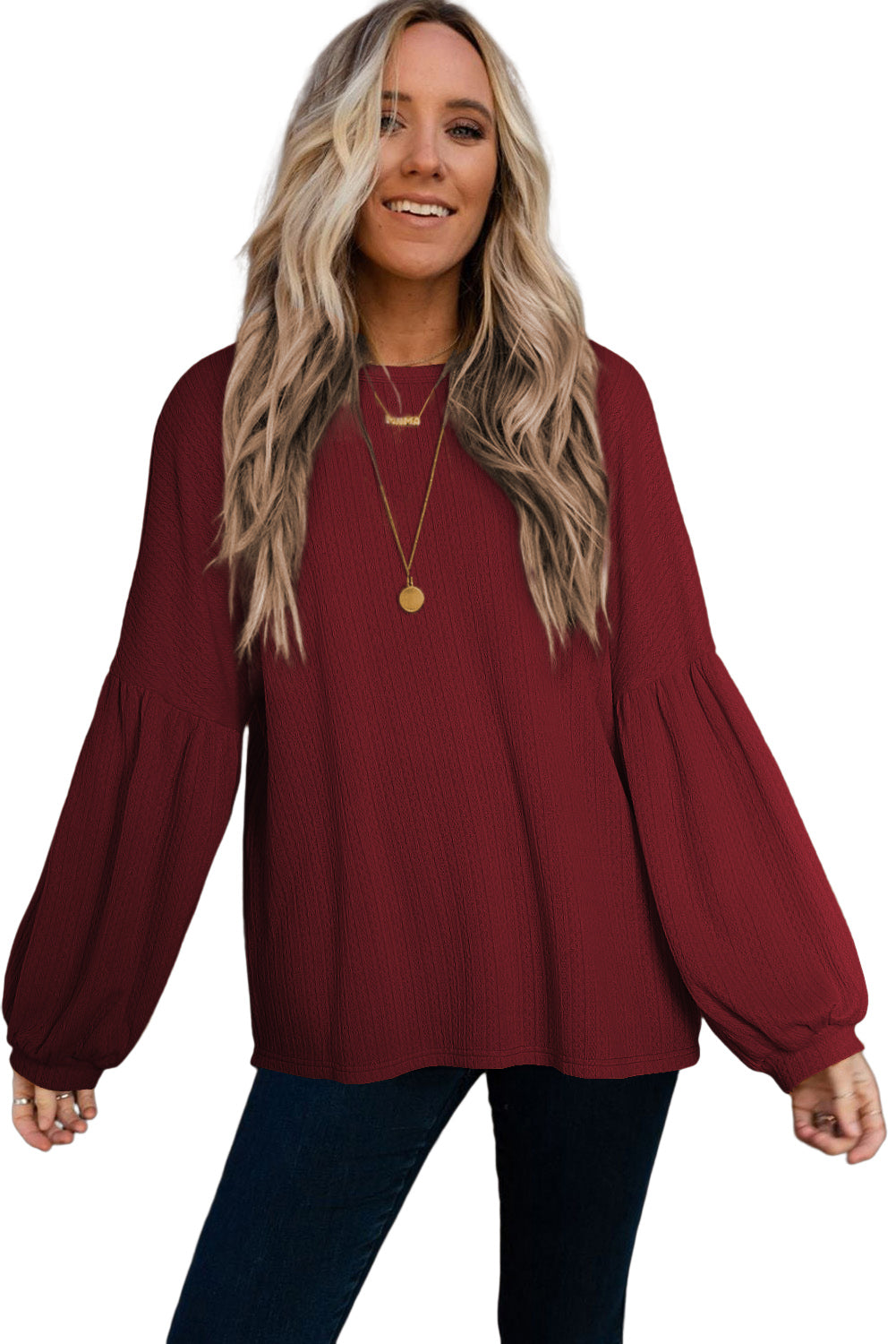 Brown Solid Color Textured Pullover Casual Top