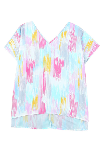 Pink Abstract Print V Neck Short Sleeve Dolman Blouse