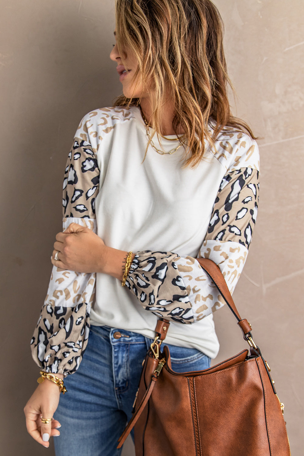 Ivory Cheetah Print Lantern Sleeve Crew Neck Raglan Shirt