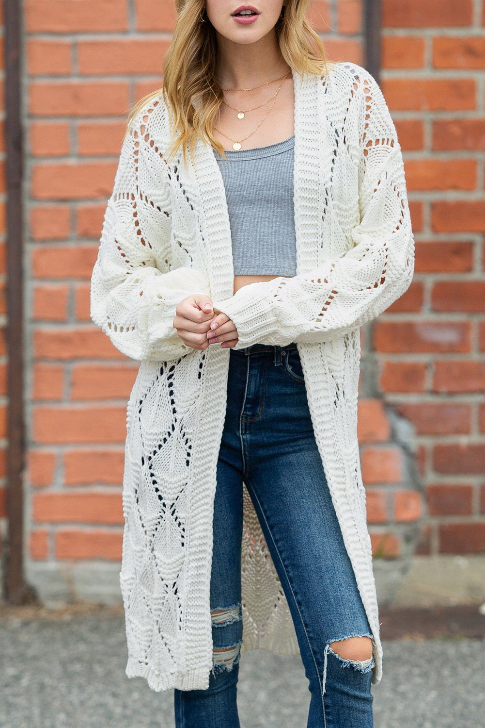White Crochet Knit Hollowed Open Front Cardigan