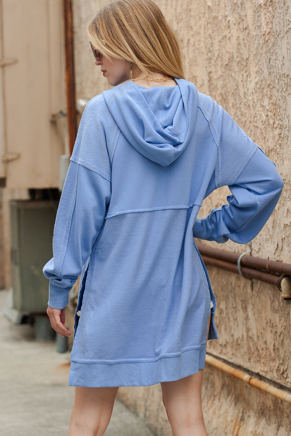 Dark Blue Washed Kangaroo Pocket Side Slits Hoodie