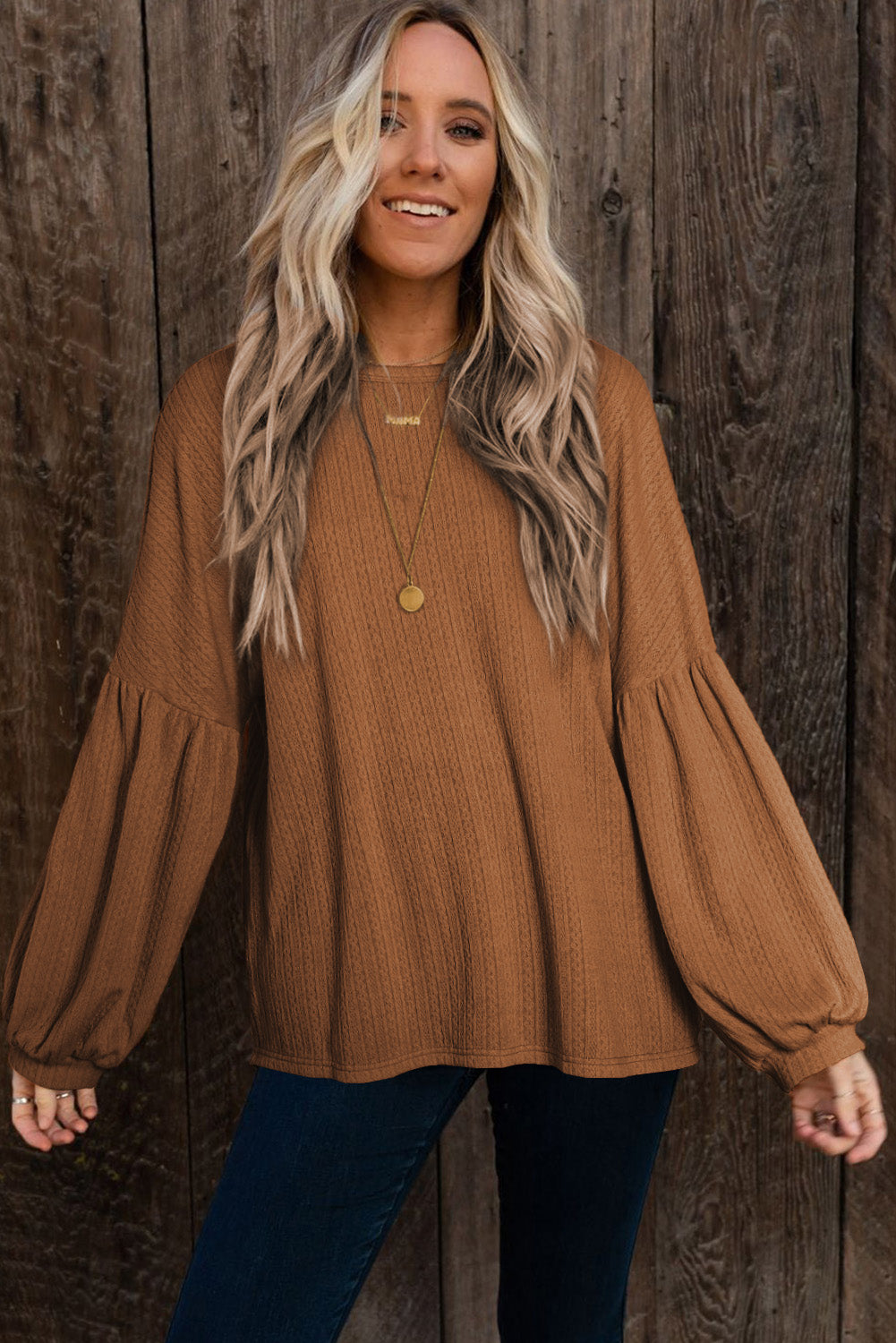 Brown Solid Color Textured Pullover Casual Top