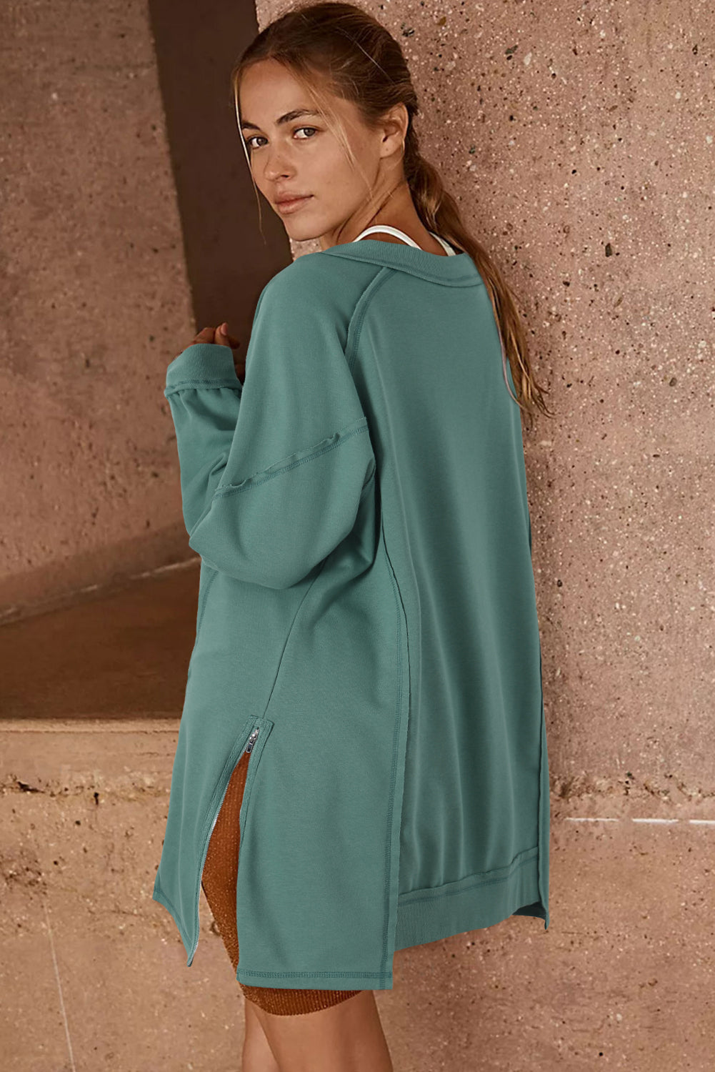 Green Stitching Seam Split V Neck Sweatshirt