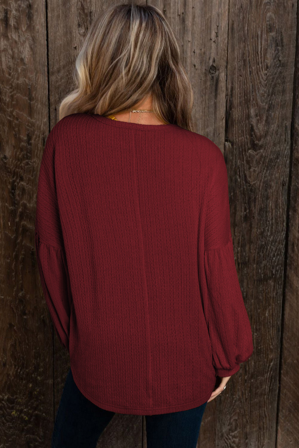 Brown Solid Color Textured Pullover Casual Top