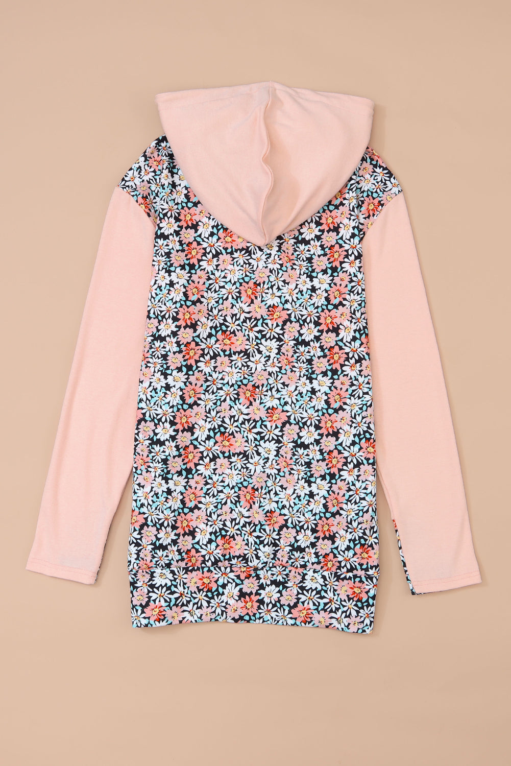 Pink Casual Daisy Print Colorblock Half Zip Hoodie