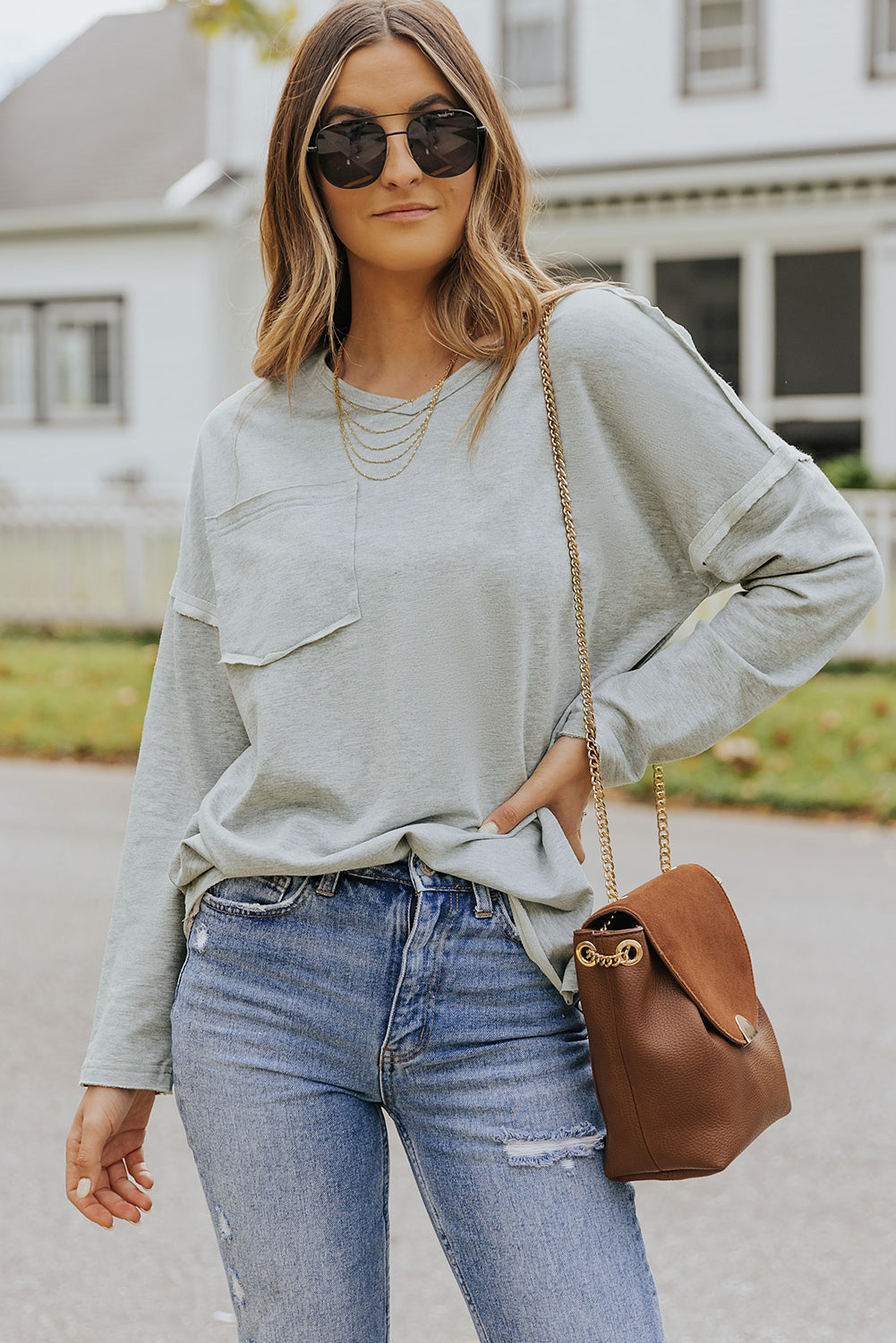 Grey V Neck Exposed Seam Drop Shoulder Long Sleeve Top