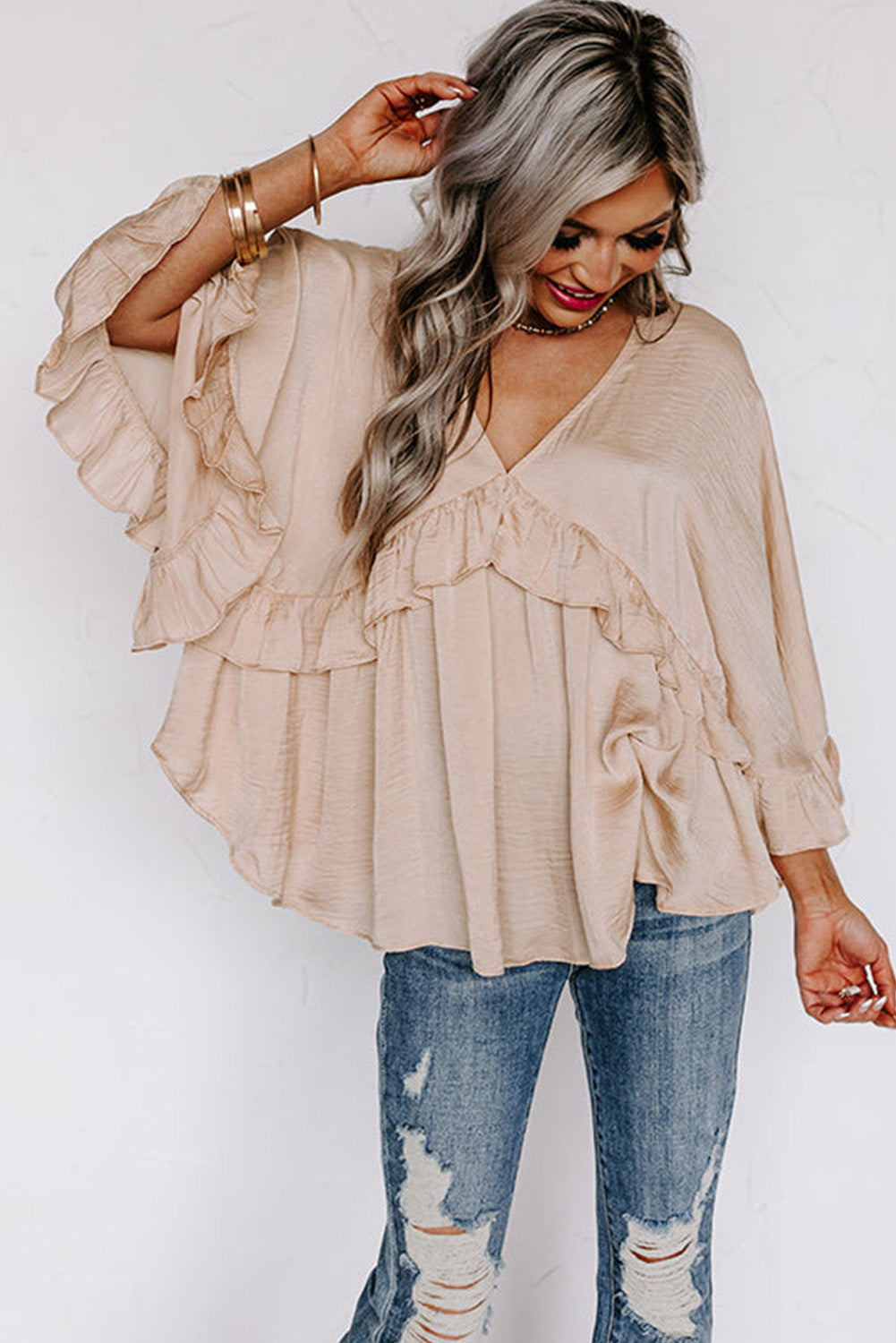 Apricot V Neck Draped Batwing Sleeve Ruffle Top