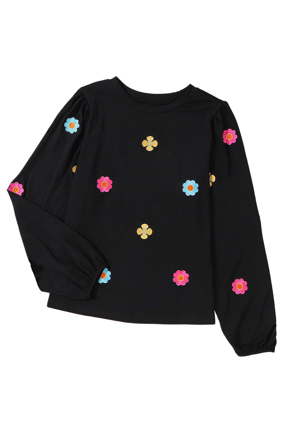 Grey Floral Embroidered Puff Sleeve Top