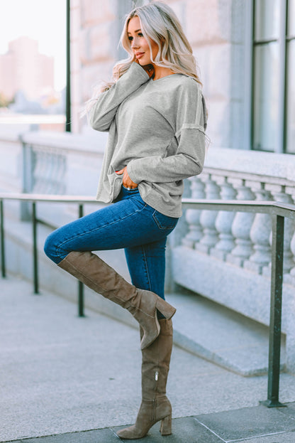 Grey V Neck Exposed Seam Drop Shoulder Long Sleeve Top