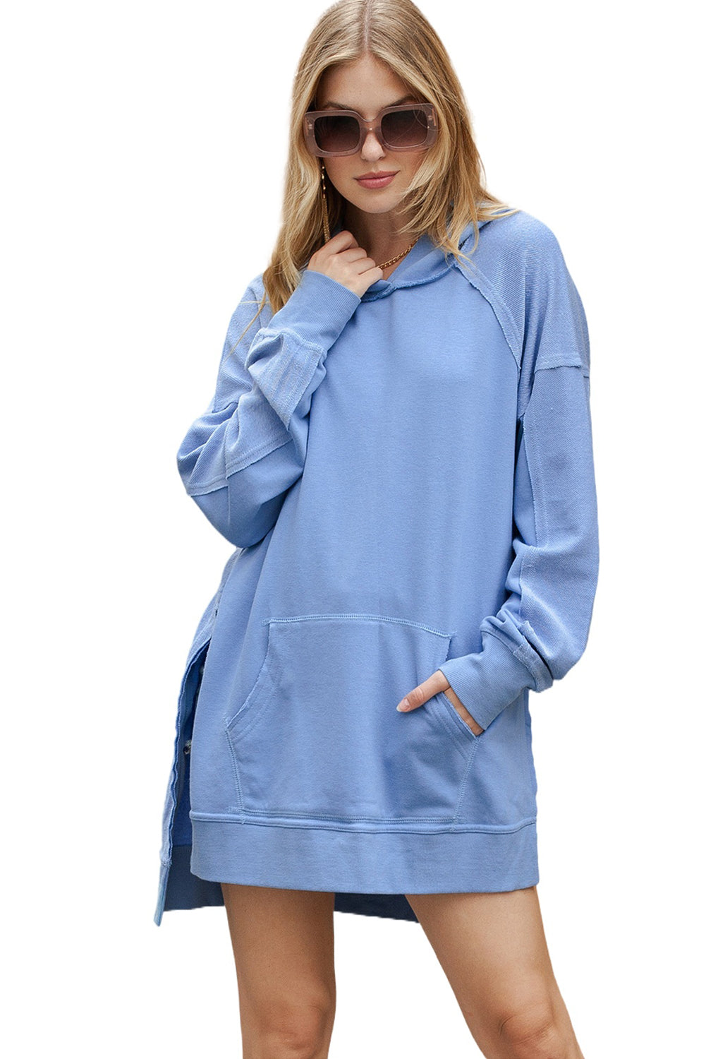 Dark Blue Washed Kangaroo Pocket Side Slits Hoodie