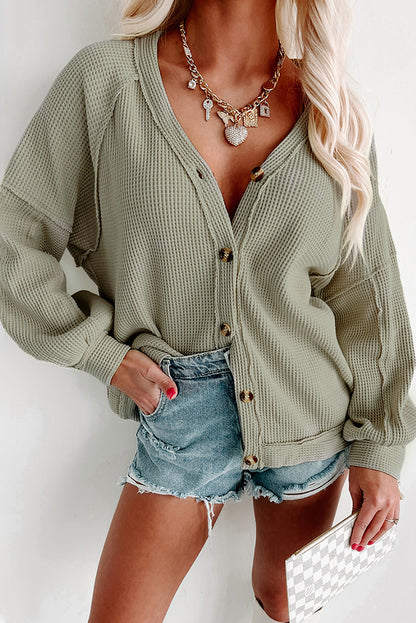 Khaki Exposed Seam Button Front Waffle Knit Cardigan