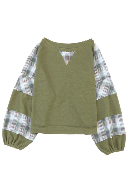 White Plaid Patch Waffle Knit Long Sleeve Top