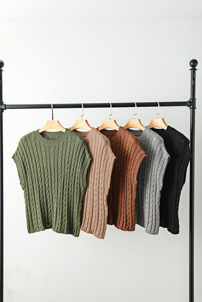 Gray Solid Cable Knit Short Sleeve Roun Neck Sweater