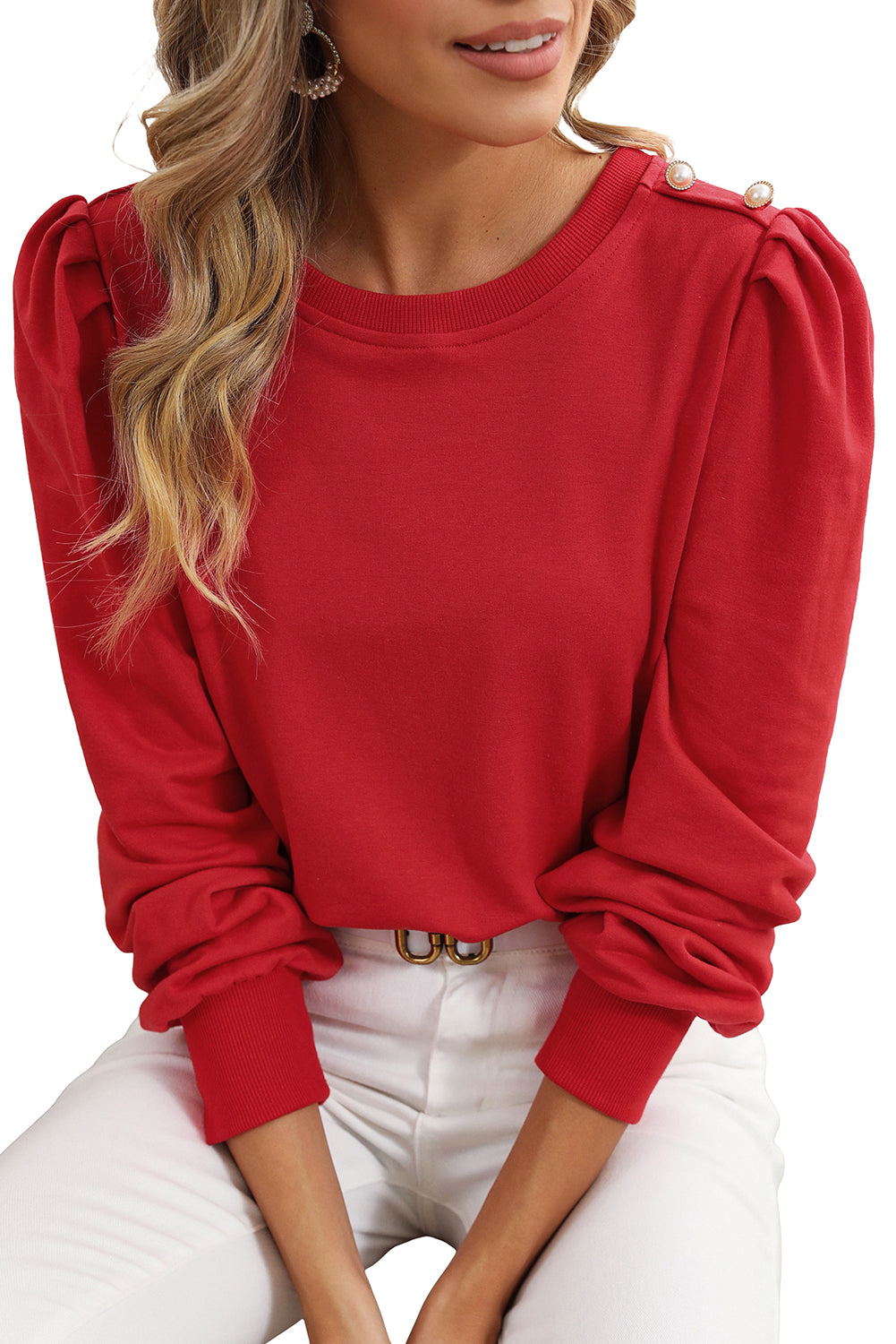 Rose Tan Button Detail Ruched Long Sleeve Top
