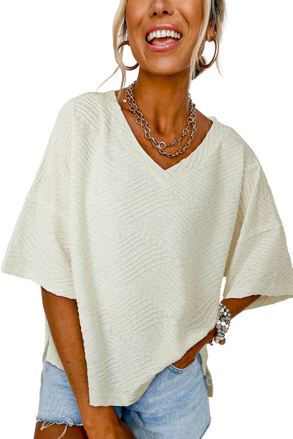 Beige Textured V Neck Split Hem T Shirt