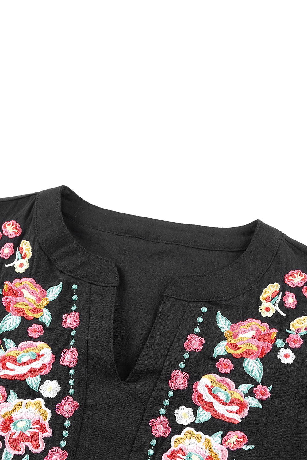 Black Floral Embroidered Boho Ruffle Puff Sleeve Blouse