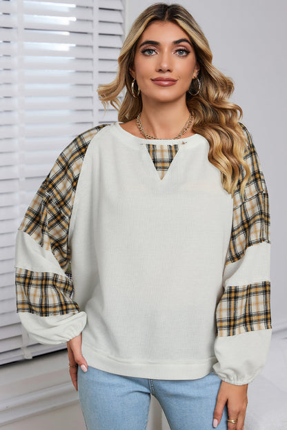 White Plaid Patch Waffle Knit Long Sleeve Top