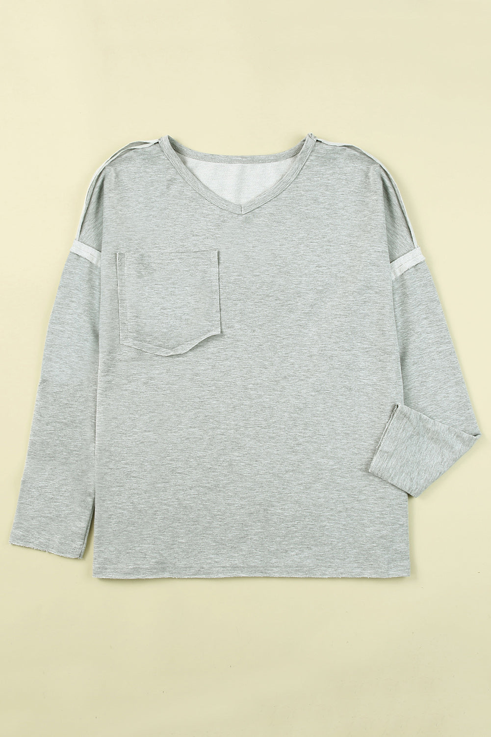 Grey V Neck Exposed Seam Drop Shoulder Long Sleeve Top