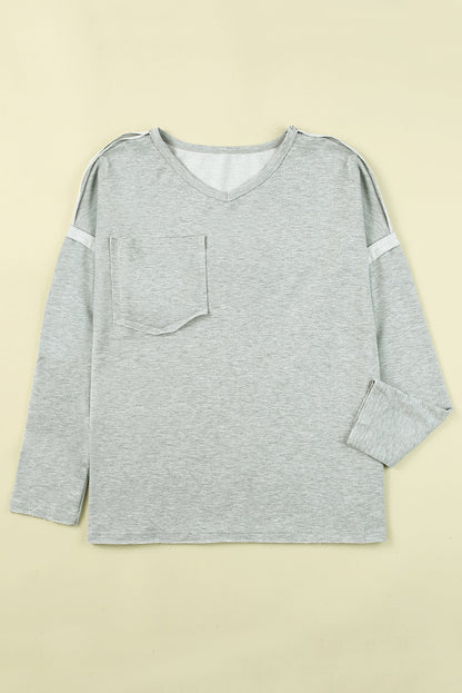 Grey V Neck Exposed Seam Drop Shoulder Long Sleeve Top