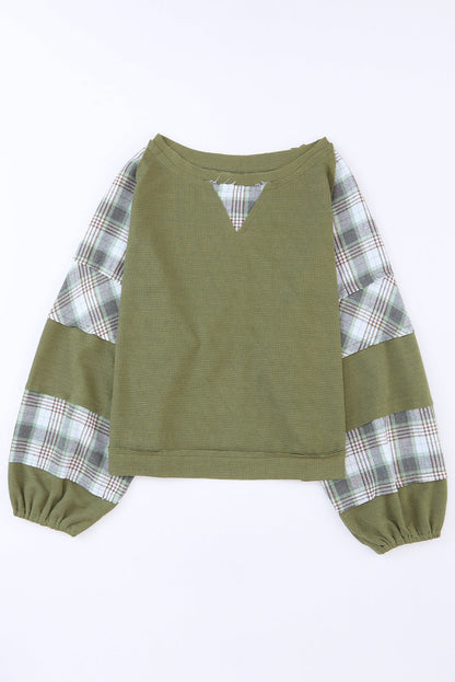 White Plaid Patch Waffle Knit Long Sleeve Top