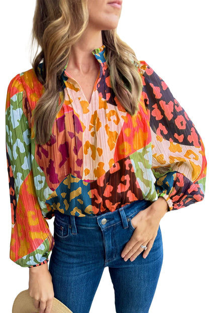 Rose Leopard Color Block Puff Sleeve Crinkle Blouse