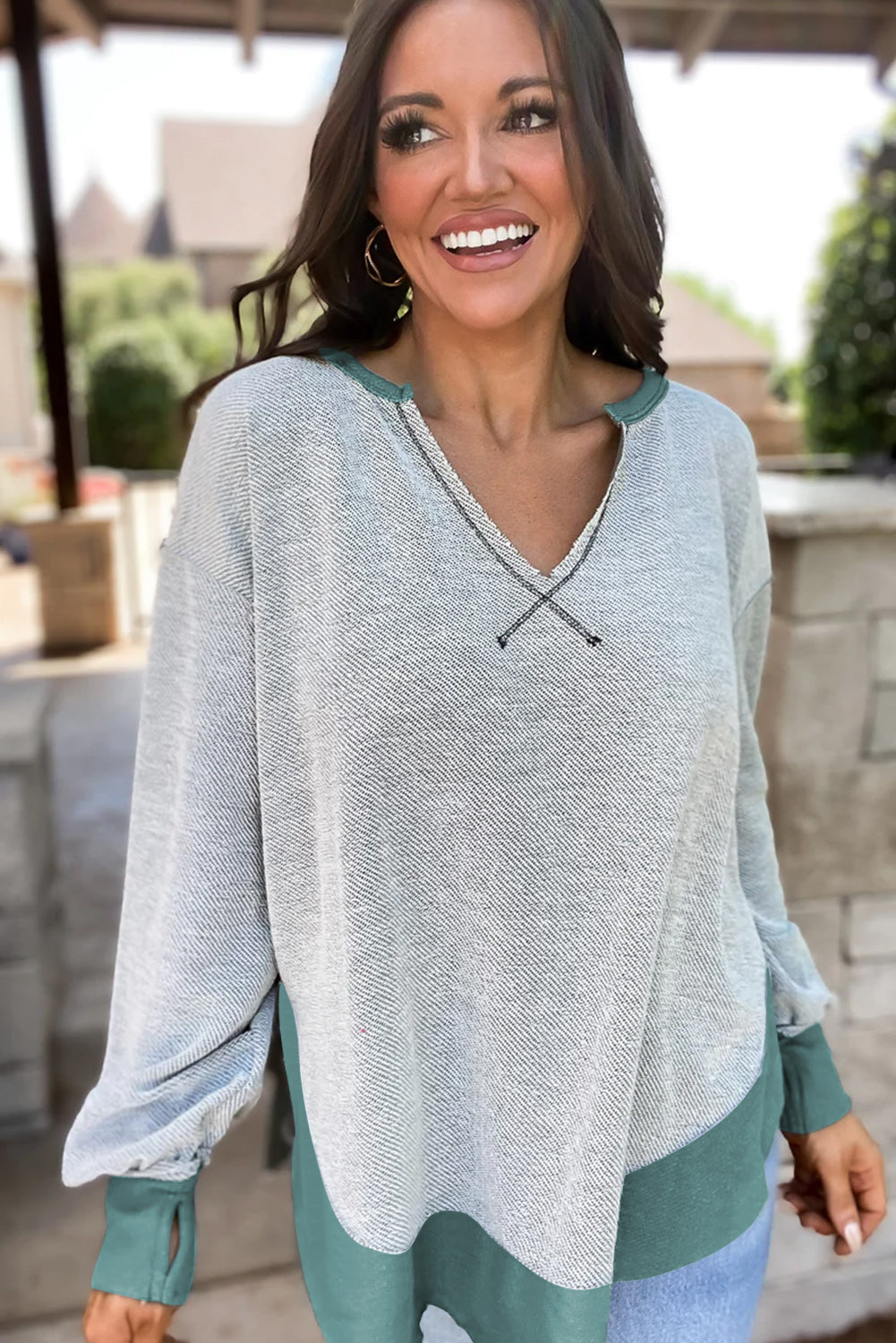 Swamp Contrast Trim V Neck Loose Fit Sweatshirt