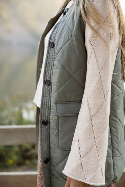 Grass Green Thermal Quilted Pockets Vest Coat