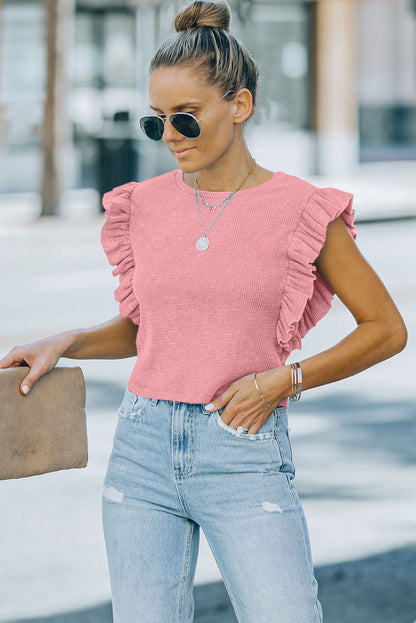 Pink Ruffle Sleeve Crewneck Ribbed Crop Top