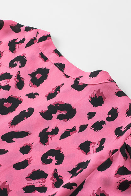 Pink Leopard Print V Neck Smocked Puff Sleeve Blouse
