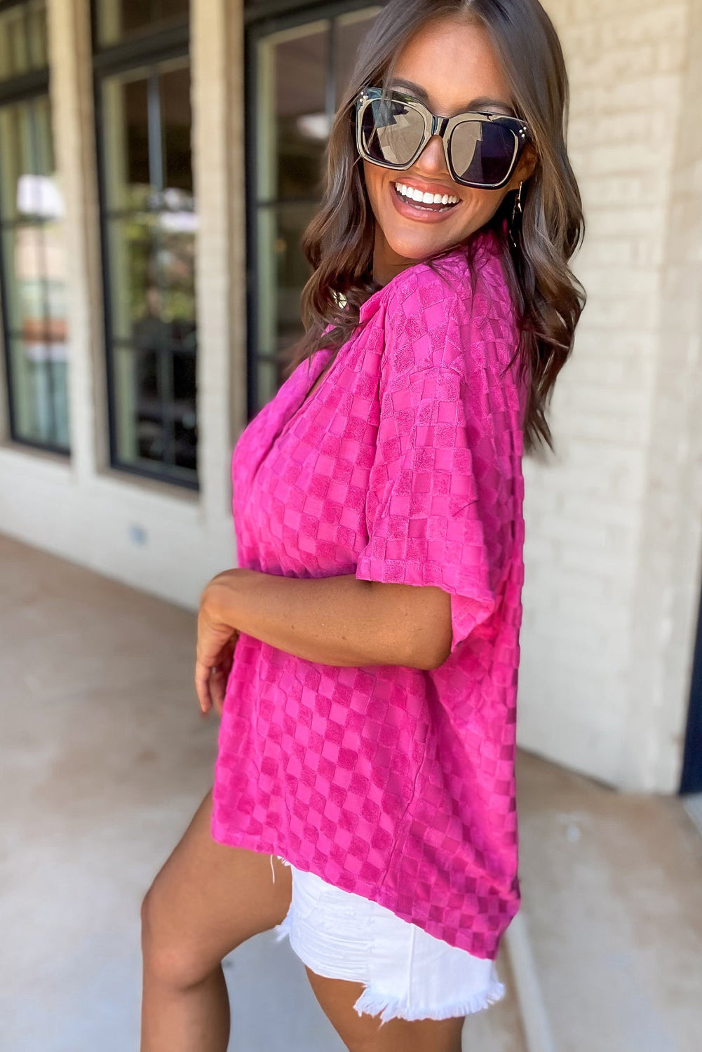 Bright Pink Lapel Neck Checkered Textured Shirt