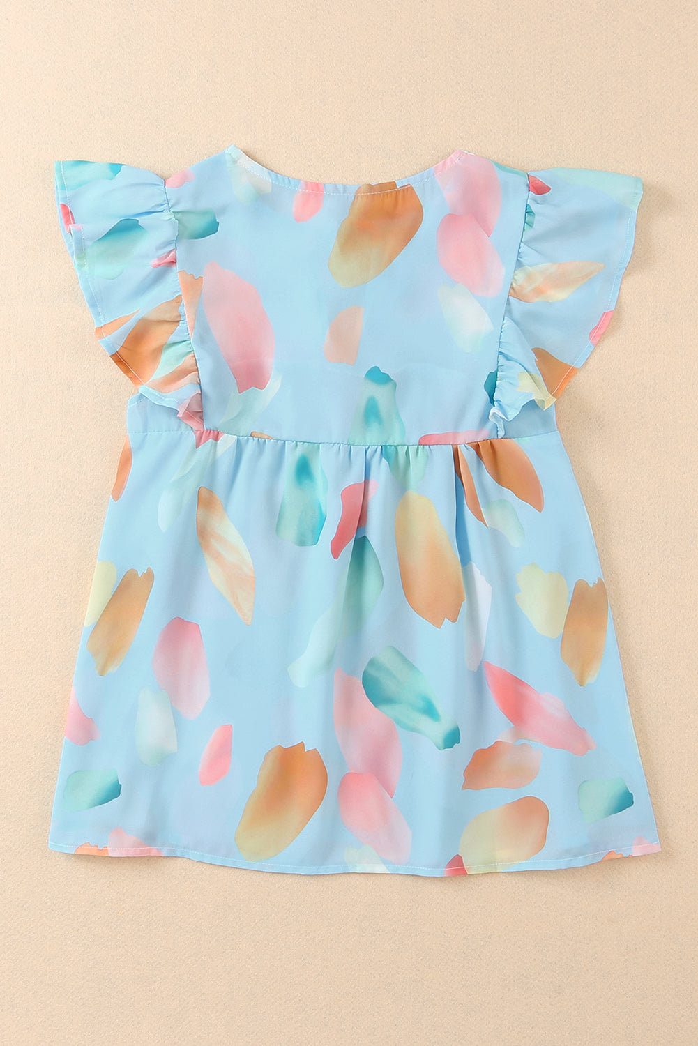 Light Blue Abstract Colorblock Ruffle Sleeveless Blouse