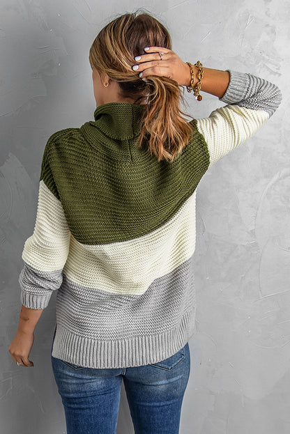 Color Block Knitted Pullover Cowl Neck Women Sweater