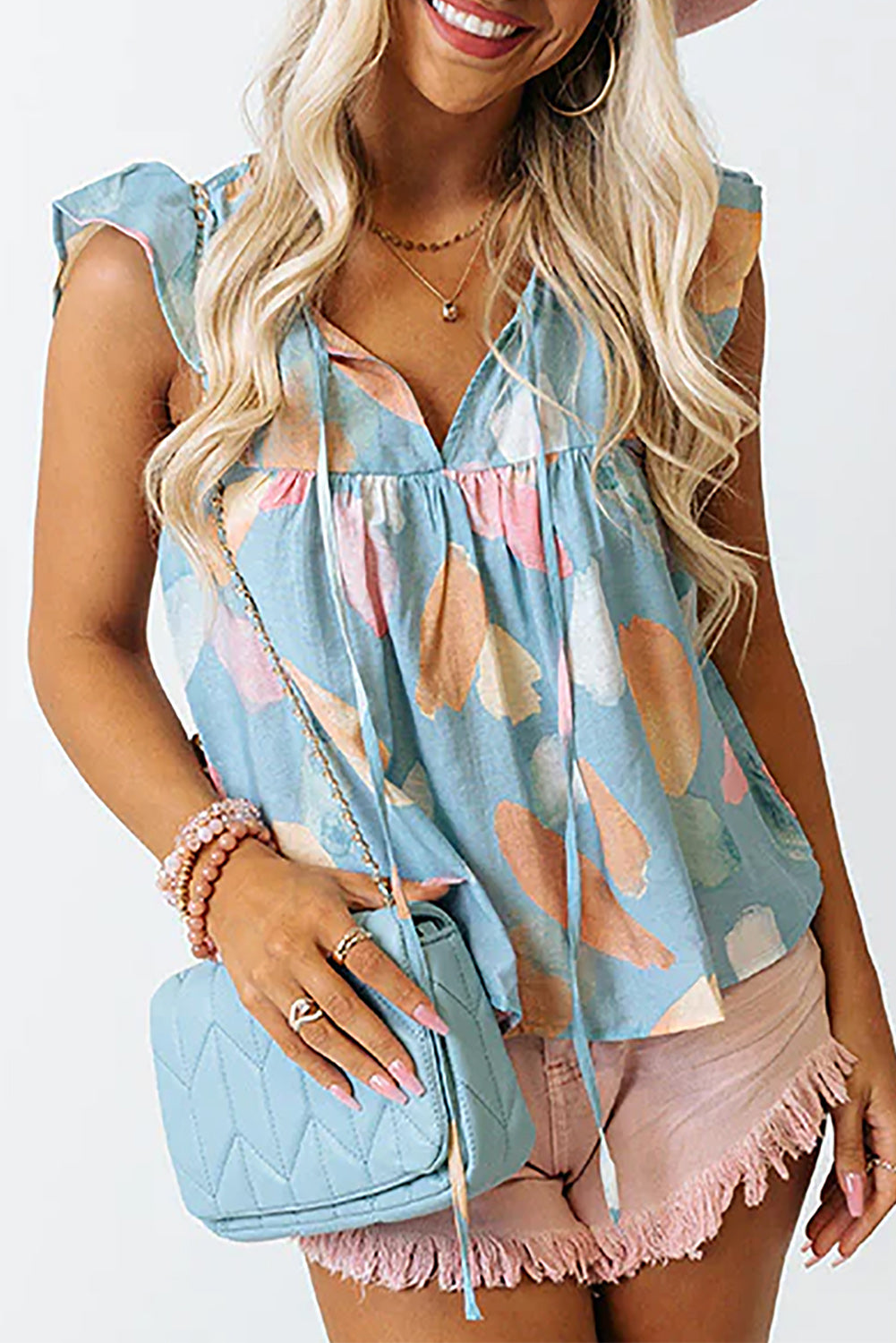 Light Blue Abstract Colorblock Ruffle Sleeveless Blouse