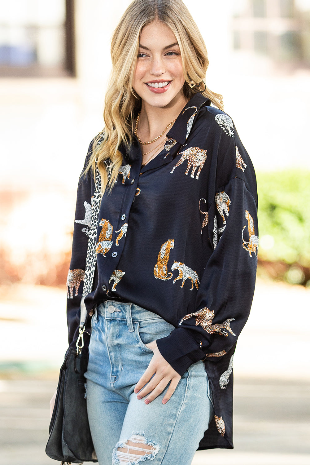 Black Animal Print Button Up Satin Shirt