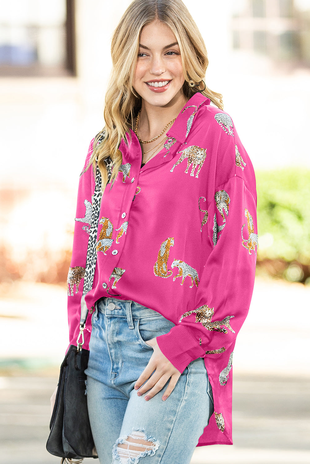 Black Animal Print Button Up Satin Shirt