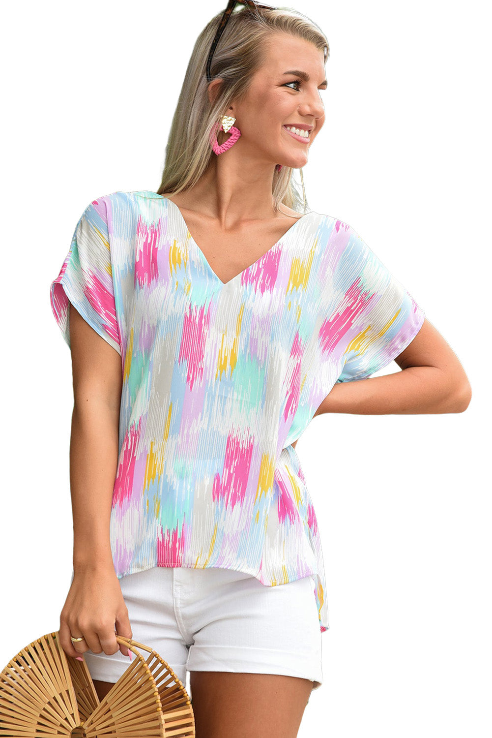 Pink Abstract Print V Neck Short Sleeve Dolman Blouse