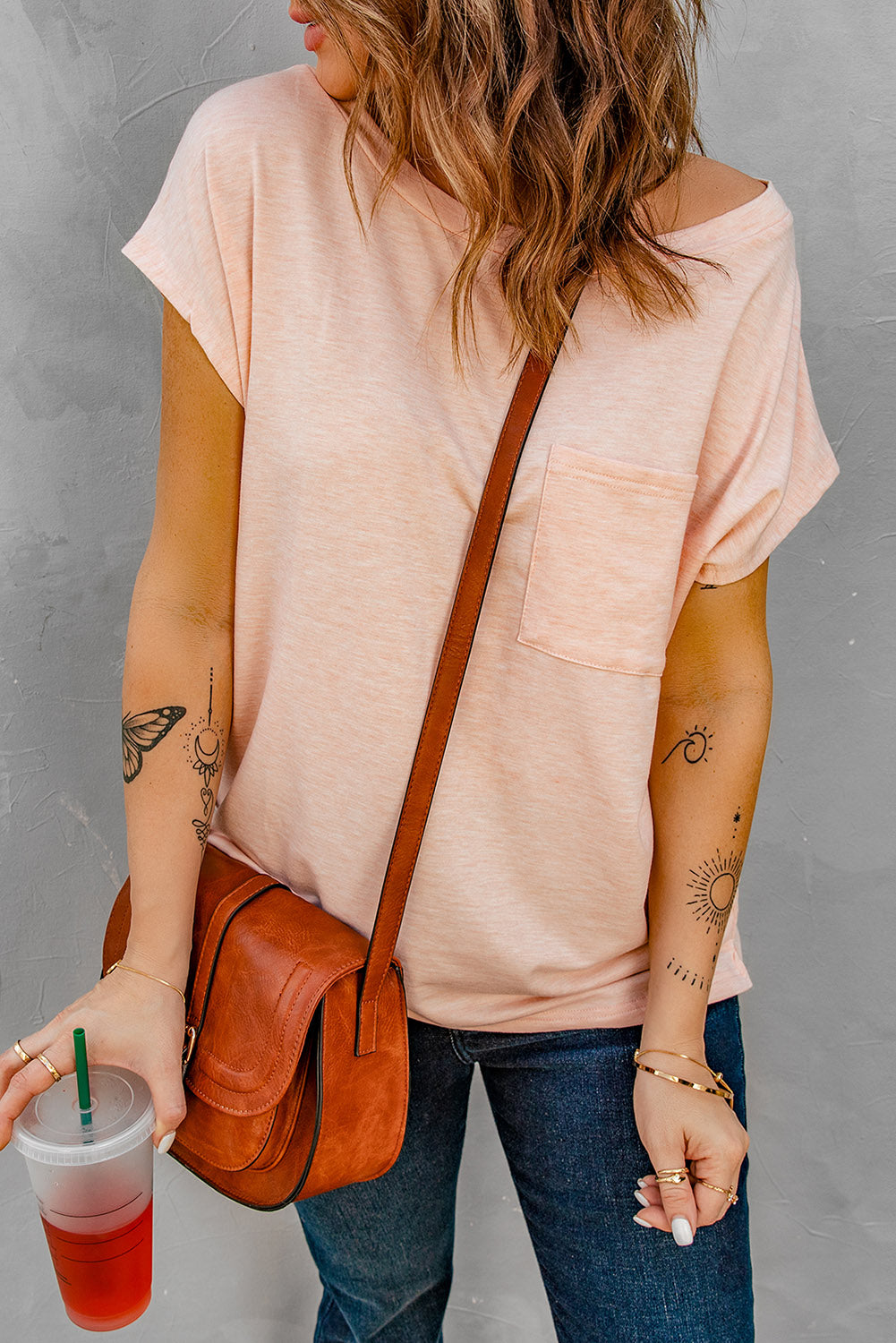 Pink Short Sleeve Basic T Shirt with Patch Pocket