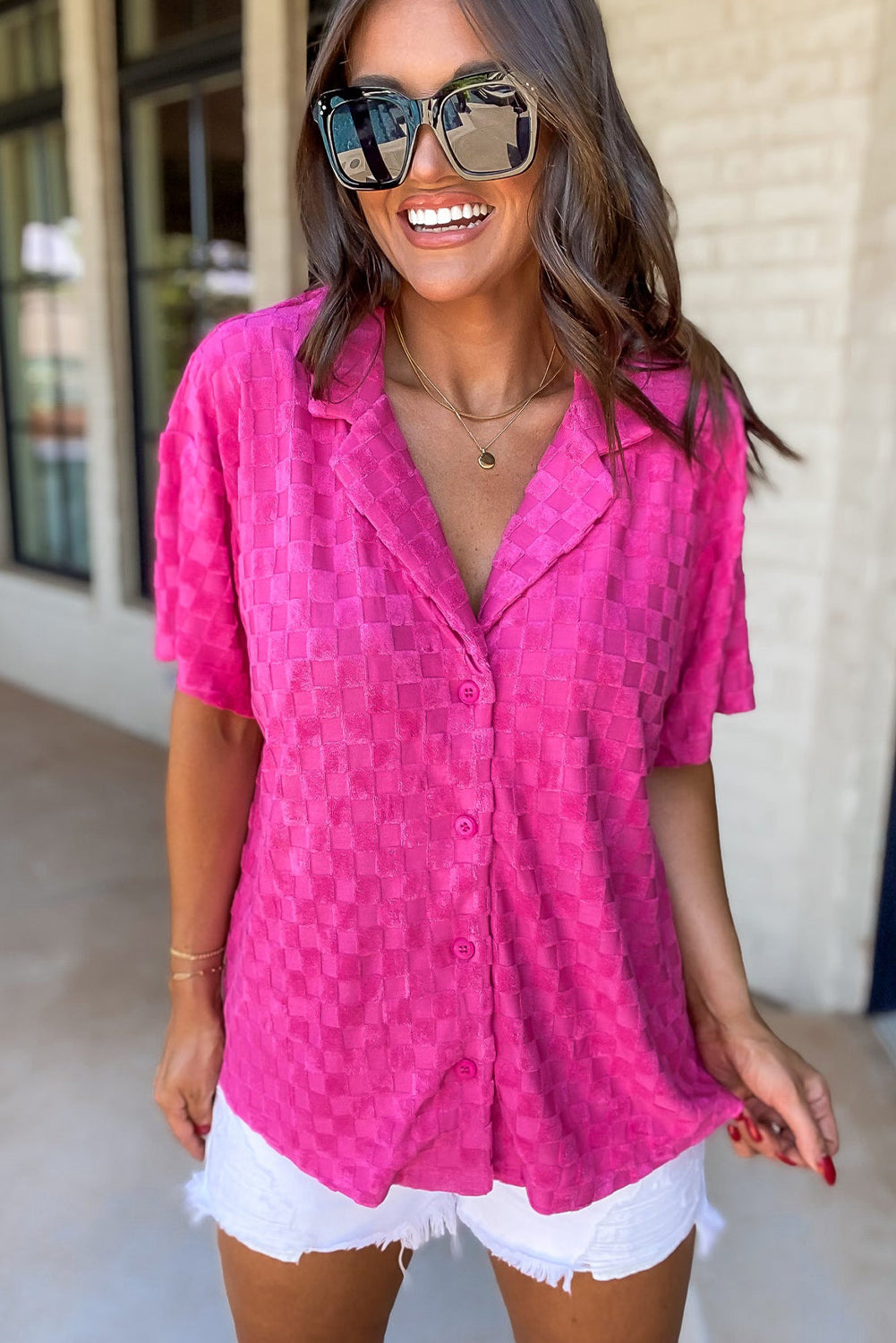 Bright Pink Lapel Neck Checkered Textured Shirt