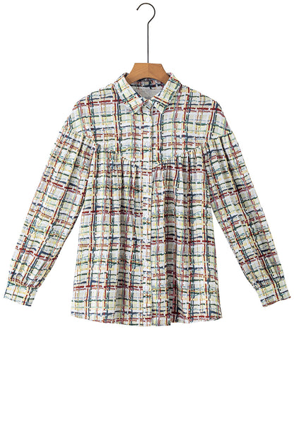 Multicolor Plaid Pleated Long Sleeve Shirt