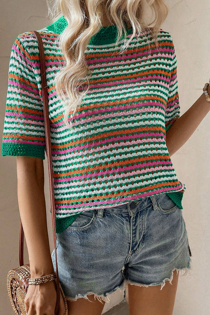 Dark Green Striped Pattern Hollow Out Knit T Shirt