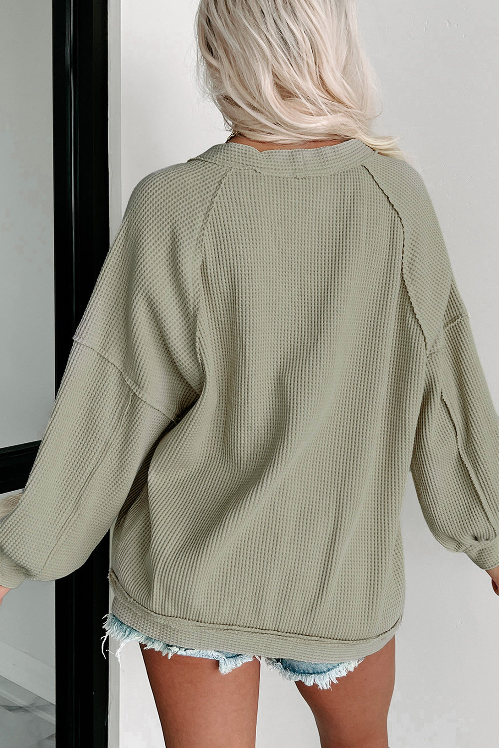 Khaki Exposed Seam Button Front Waffle Knit Cardigan