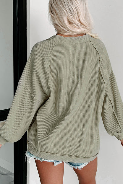 Khaki Exposed Seam Button Front Waffle Knit Cardigan