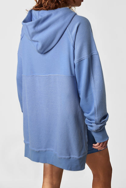 Dark Blue Washed Kangaroo Pocket Side Slits Hoodie