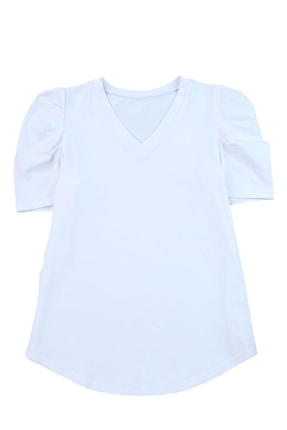 White Puff Sleeve Casual V Neck T-Shirt