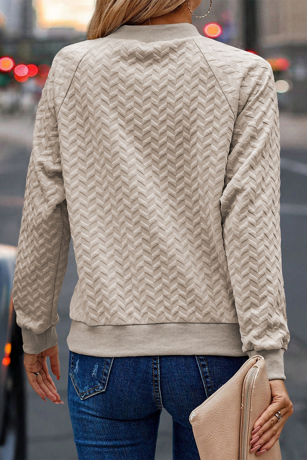 Beige Solid Color Raglan Sleeve Pullover Sweatshirt