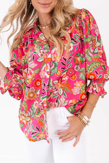 Pink Floral Print Puff Sleeve Shirred Cuffs Boho Shirt