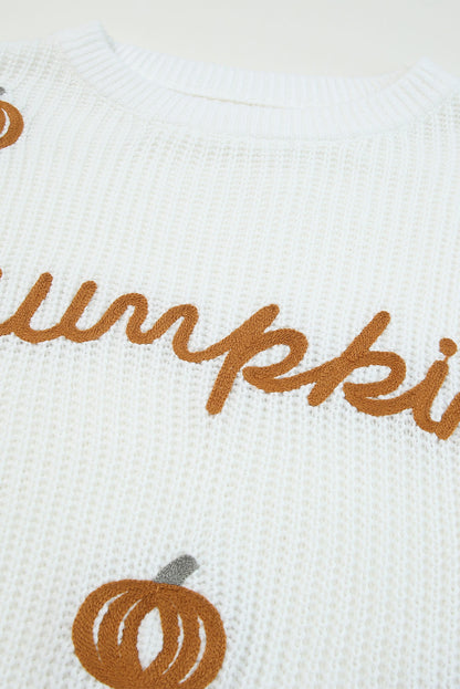 White Crochet Pumpkin Drop Shoulder Sweater