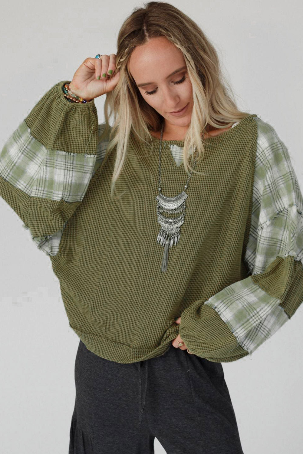 White Plaid Patch Waffle Knit Long Sleeve Top