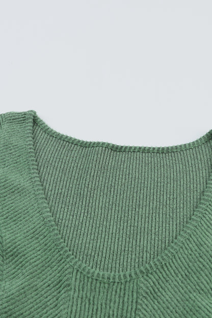 Green U Neck Textured Long Sleeve Top